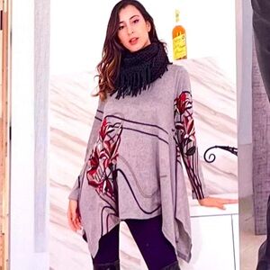 NWT Orange Fashion Village Gray Asymmetric Flower Sweater Dress Tunic S/M